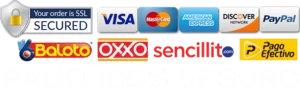 Pago 100% seguro · SSL · Visa, Mastercard, Amex · OXXO, Baloto y más